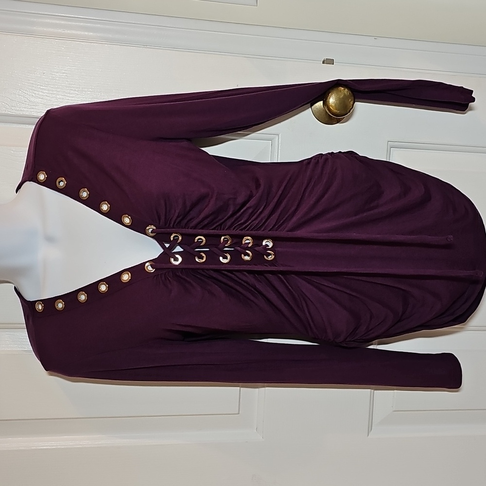 VENUS Deep Purple Lace Up Ruched Top With Gold Rings S